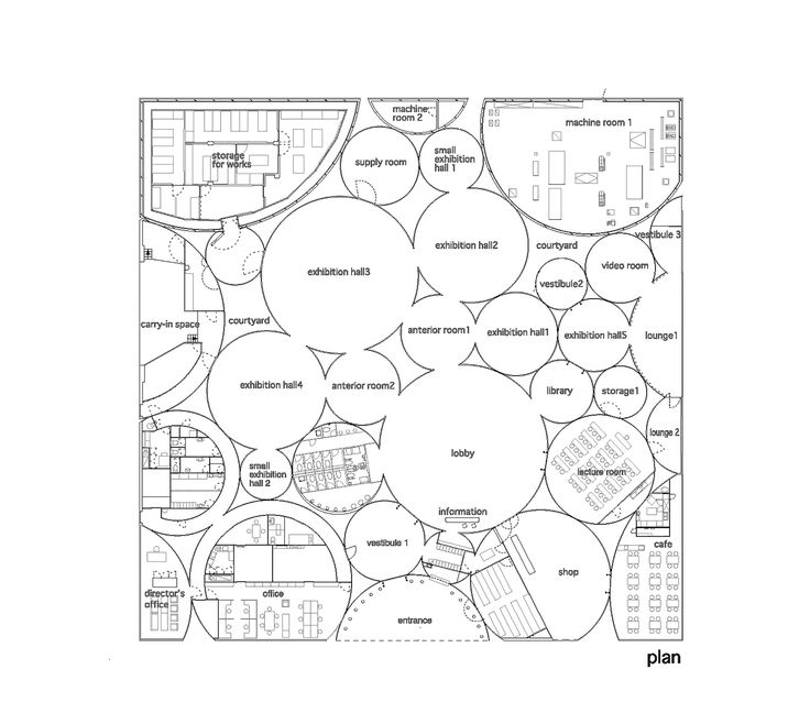 the plan for an outdoor seating area with circular seating areas on each side and round seating areas on the other side