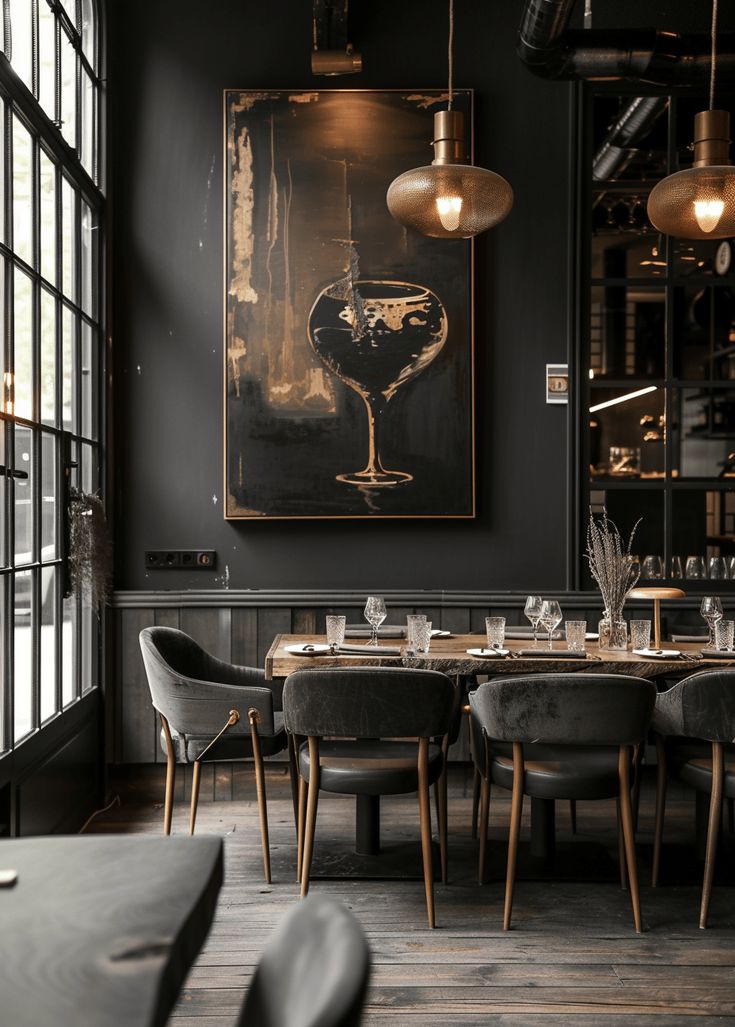 a dining room with black walls and wooden flooring is pictured in this image, there are many chairs around the table