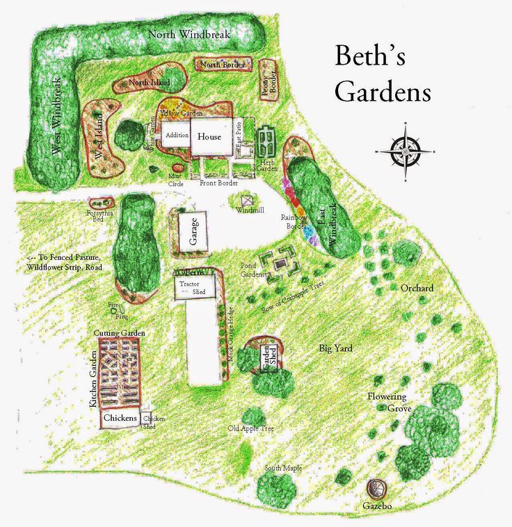 a drawing of a garden with lots of trees and plants on it, including the path to