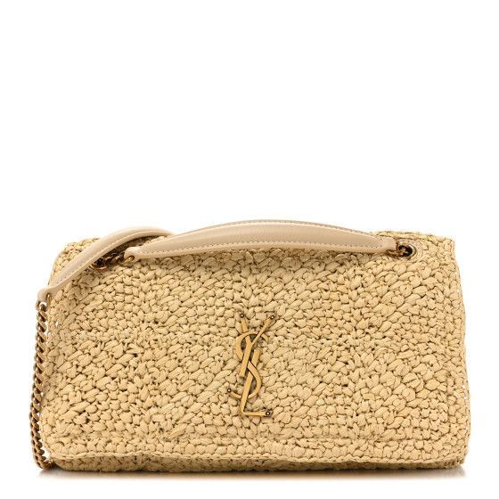 This is an authentic SAINT LAURENT Raffia Monogram Medium Jamie in Natural Avorio. This shoulder bag is crafted of woven raffia in natural beige. The bag features an aged gold bijoux crossbody strap with beige leather shoulder pads and a front flap with an aged gold YSL logo. The flap opens to a beige canvas interior with zipper and flat pockets. Ysl Raffia Bag, Designer Bags With Braided Handles In Natural Color, Designer Beige Crochet Bag For Travel, Designer Beige Shoulder Bag With Bamboo Handle, Designer Natural Woven Straw Bag, Natural Rectangular Straw Bag With Dust Bag, Designer Rectangular Straw Bag In Natural Color, Designer Beige Bag With Bamboo Handle, Luxury Woven Cream Shoulder Bag