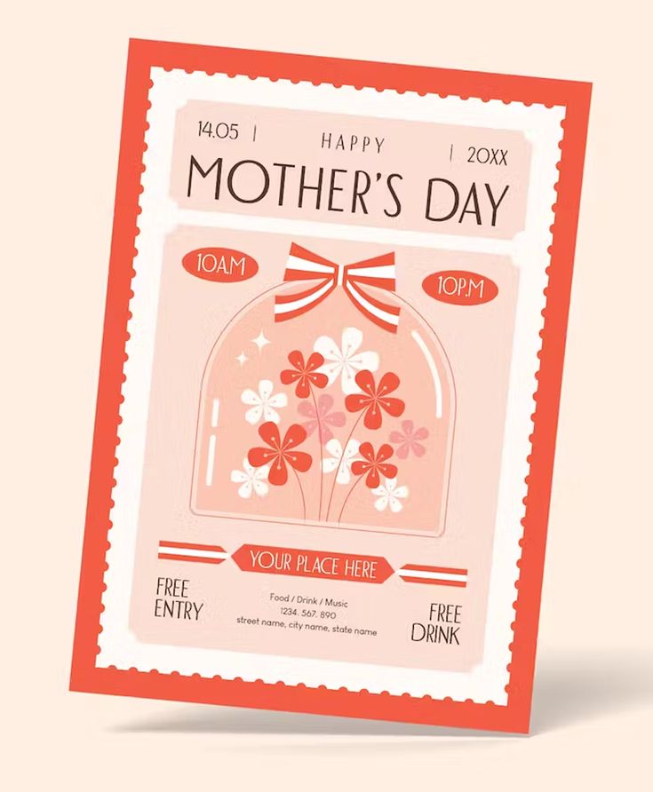 a mother's day card with flowers in a glass jar on an orange background