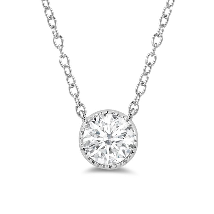 Endlessly versatile, this white gold necklace can pull together a formal, casual, and even professional look. The round pendant is topped with round diamond and surrounded by a milgrain frame. The basket setting features quadrilateral cut-outs on its sides for an edgy finish. Basket Setting, White Gold Necklace, White Gold Necklaces, Formal Casual, Round Pendant, Lab Created Diamonds, Cut Outs, Round Diamond, Round Diamonds