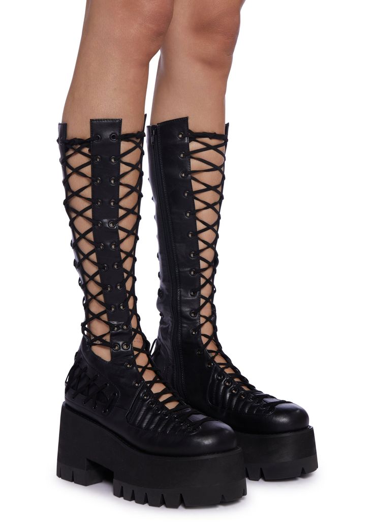 Club Exx Lace Up Vegan Leather Treaded Platform Boots - Black July 4th Sale, Crochet Shop, Black Platform Boots, Pride Outfit, Rave Festival, Burning Man, Platform Boots, Boots Black, Denim Shop