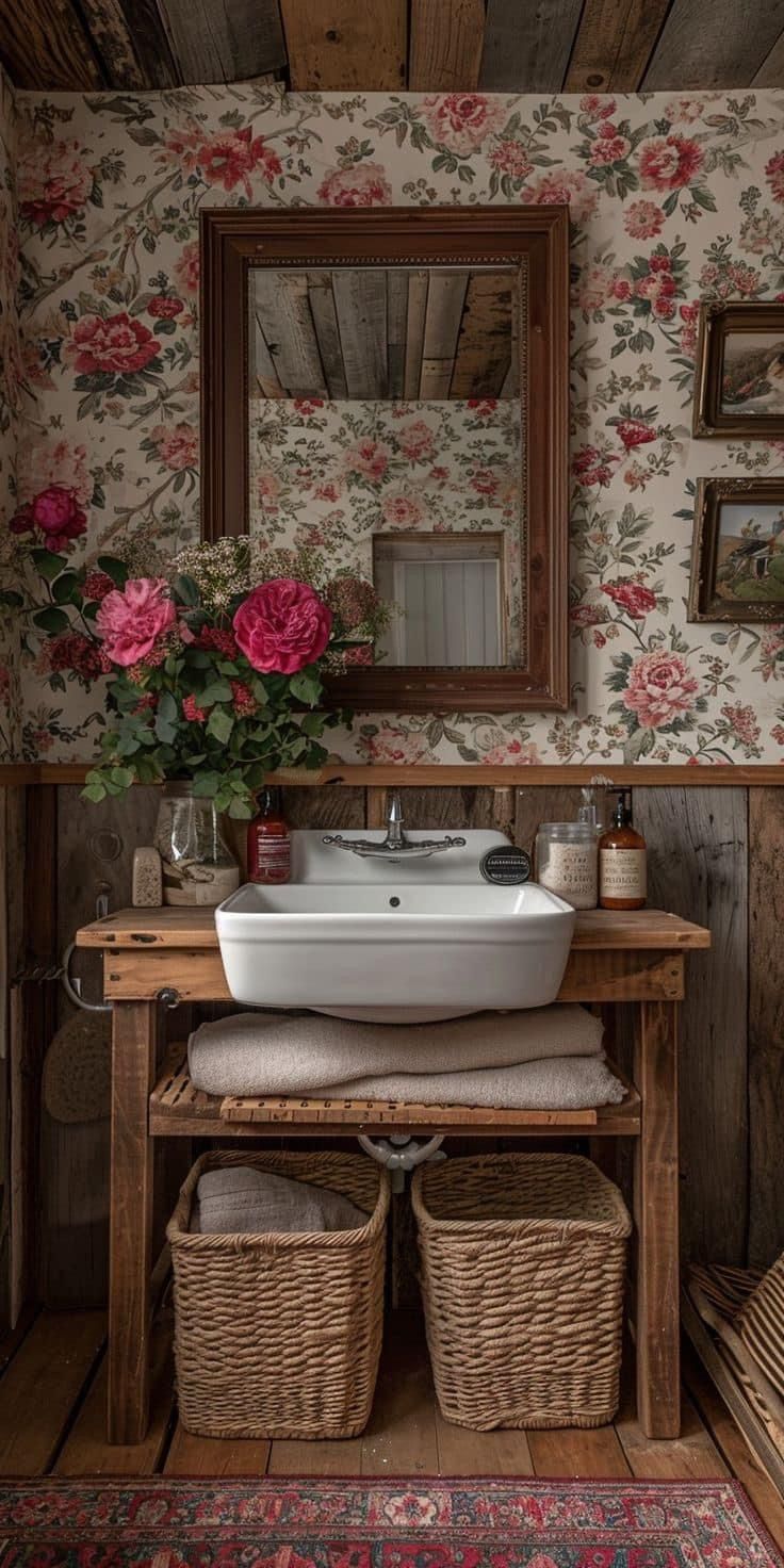 a white sink sitting under a bathroom mirror next to a wooden table with baskets on it