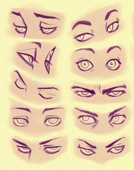 a bunch of different types of eyes drawn in purple ink on a yellow background,