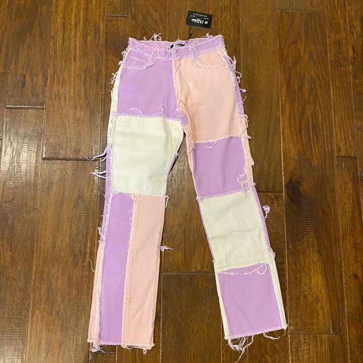 Size Says 24” But Is Actually 25” Pastel Pink, Lilac, And Cream Frayed Seams Detail Boyfriend Fit Model Is 5 Ft 7 And Wears A Size W25 Never Been Worn Measurements: Waist- 25” Inseam- 29” Rise- 9” Jaded Ldn, Jaded London Jeans, Jaded London, Patchwork Denim, Mens Vests, Pink Lilac, Pink Jeans, Denim Patchwork, Boyfriend Fit