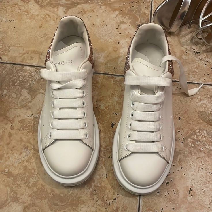 Excellent Condition Like New Worn Once Glitter Pink Back Size 38.5 White Leather Sneakers With Glitter Accents, White Leather Glitter Sneakers, White Leather Sneakers With Glitter, White Glitter Lace-up Sneakers, Leather Sneakers With Glitter Accents And Round Toe, Shoes Alexander Mcqueen, Alexander Mcqueen White, Alexander Mcqueen Sneakers, Mcqueen Shoes