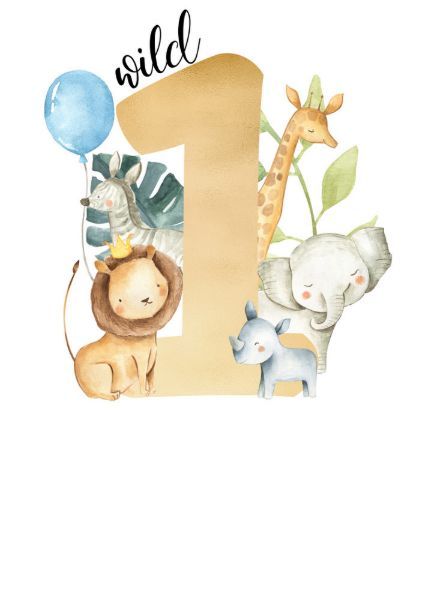 the number one with animals and balloons is shown in this watercolor painting on paper