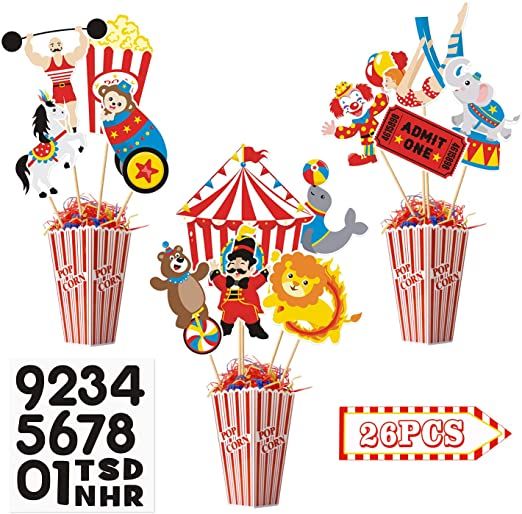 circus themed cupcake toppers in red and white striped paper with circus animals on them