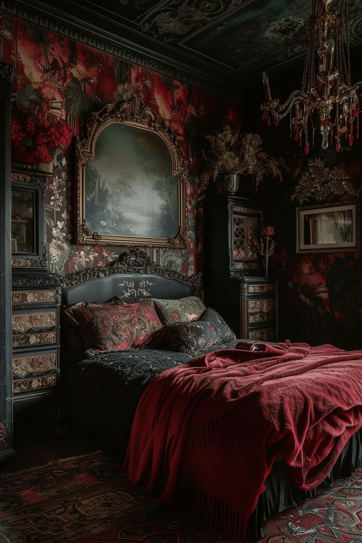 a bedroom with red and black walls, ornate bedding and paintings on the wall