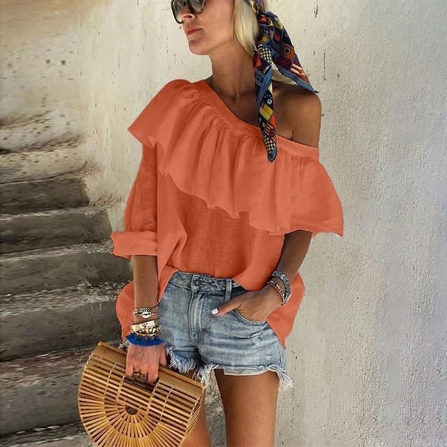 Off-the-shoulder crop top frames the shoulders with a tiered ruffle design. A perfect top for summer with a Bardot neckline Four soft colors to choose from comes in sizes S- XXL easy-care material- cotton Casual Off-shoulder Ruffle Tops, Casual Off-shoulder Top With Ruffles, Spring Off-shoulder Ruffle Top, Trendy Spring Off-shoulder Top With Ruffles, Trendy Off-shoulder Beach Blouse, Trendy One-shoulder Summer Blouse, One-shoulder Cotton Top For Summer, Off-shoulder Ruffled Summer Tops, Trendy One-shoulder Blouse For Summer