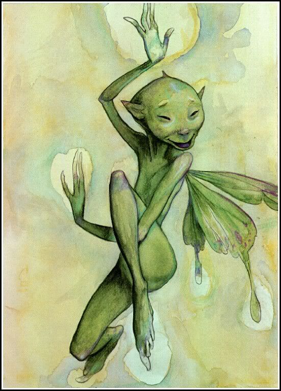 a drawing of a green alien with long legs and arms stretched out, reaching up to the sky