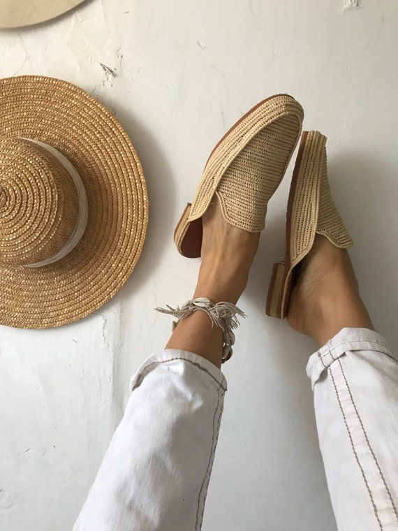 Morrocan raffia slippers shoes summer slippers | Etsy Casual Slip-on Mules With Woven Sole, Beige Slip-on Mules With Woven Sole, Summer Closed Toe Slip-on Mules, Summer Slip-on Closed Toe Mules, Summer Slip-on Mules With Leather Sole, Vacation Woven Leather Slip-on Espadrilles, Elegant Open Toe Slip-ons For Summer, Summer Slip-on Clogs With Flat Heel, Slip-on Flat Heel Clogs For Beach