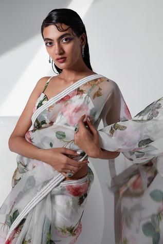 Shop for Tisha Saksena Ivory Silk Organza Hyacinth Printed Saree With Bralette for Women Online at Aza Fashions Elegant Summer Pre-draped Saree With Dupatta, White Silk Blouse Piece With Floral Print, White Georgette Pre-draped Saree With Floral Embroidery, Summer Designer Wear Floral Pre-draped Saree, Elegant White Pre-draped Saree With Floral Embroidery, Elegant Fitted Floral Print Saree, White Georgette Saree With Floral Print, Unstitched White Floral Print Blouse Piece, White Floral Print Georgette Saree