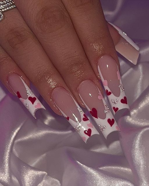 Valentine Nails Pink, Heart Nail Designs, Red Acrylic Nails, Nail Designs Valentines, Girly Acrylic Nails, French Tip Acrylic Nails, French Acrylic Nails, Short Square Acrylic Nails, Long Acrylic Nails Coffin