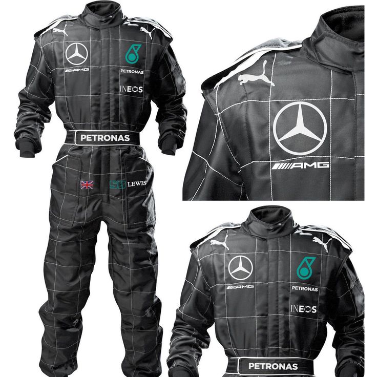 the mercedes racing suit is shown in three different views