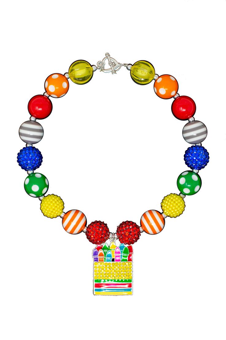 Crayon Bubblegum Necklace - Sparkle in Pink Playful Multicolor Necklace, Playful Colorful Beads Necklaces For Birthday, Playful Colorful Beads Necklace For Birthday, Cute Multicolor Necklace For Birthday, Playful Multicolor Necklace With Lobster Clasp, Fun Rainbow Necklace For Birthday, Playful Multicolor Beaded Necklaces, Cute Multicolor Jewelry For School, Colorful Playful Birthday Jewelry