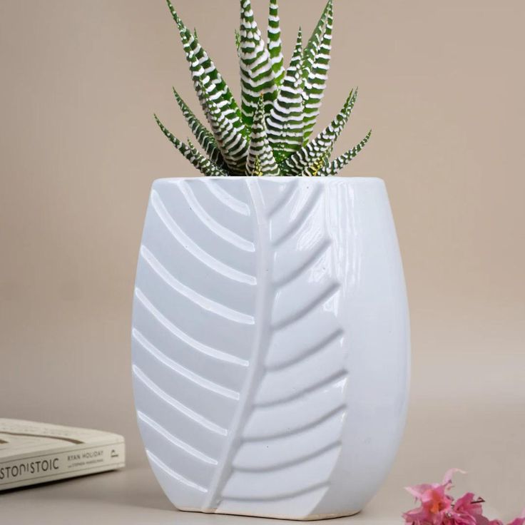 a plant in a white ceramic vase next to a pink flower and book on the table