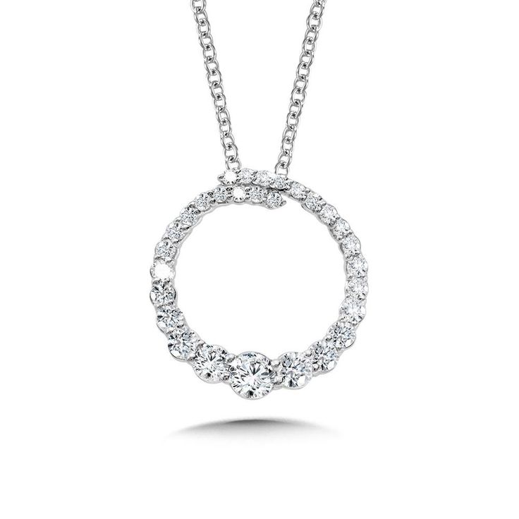 Birmingham Jewelry Item Number: PDD3150-W Type: Pendant Style: Love Moments14K White Gold Pendant Our Love Moments circle pendant features a round loop of graduating diamonds that overlap beneath the chain. The diamonds are small on top and gradually become larger towards the bottom of the circle. For a more streamlined necklace design, there is a hidden bail within the pendant for the chain loops through.Total Diamond Weight: 0.50ct approx. *The possibilities are not limited to the options in t Diamond Earrings Ring Type, Small Diamond Pendant, Love Moments, Real Diamond Earrings, Diamond Circle Pendant, Loop Pendant, Pendant Diamond, Chain Loop, White Gold Pendant