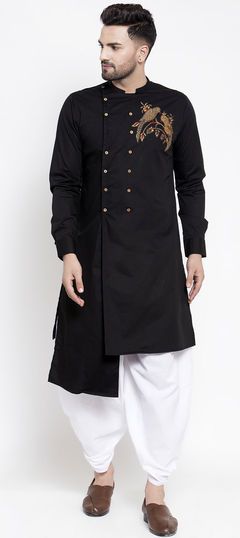 Black and Grey color Dhoti Kurta in Cotton fabric with Embroidered work Black Straight Kurta Sherwani For Navratri, Black Embroidered Cotton Sherwani, Black Cotton Sherwani For Festive Occasions, Festive Black Cotton Sherwani, Black Kurta With Cutdana Traditional Drape, Black Cotton Kurta With Traditional Drape, Traditional Black Cotton Kurta, Black Sherwani With Zari Work For Navratri, Traditional Black Cotton Sherwani