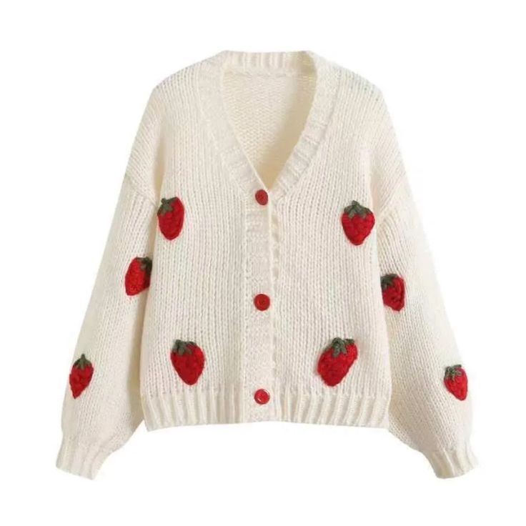 Strawberry Knitted Sweater Women Puff Long Sleeve Sweater Cardigan Harajuku Crochet Women’s Strawberries Knit Jacket Cropped Coat Oversized Button Up Fruit #Jumpers #Strawberry #Sweater #Cardigans #Red Cute Aesthetic Sweaters, Strawberry Core Aesthetic Outfit, Crochet Coats & Jackets, Strawberry Themed Clothes, White Trendy Acrylic Cardigan, Trendy White Acrylic Cardigan, Cute White Long Sleeve Cardigan, Casual White Cardigan For Winter, Casual White Winter Cardigan