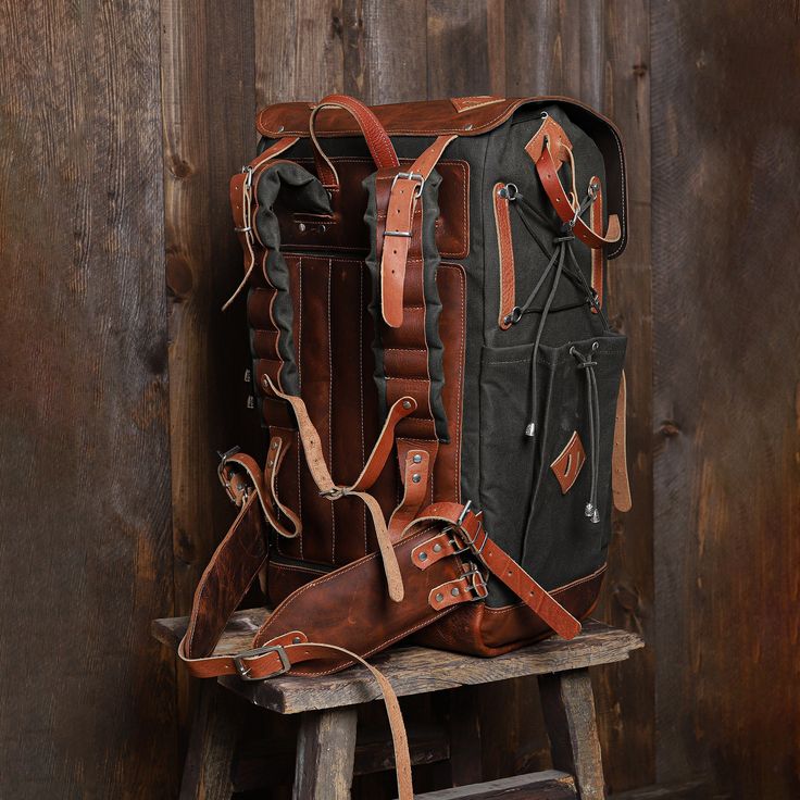 a brown and black bag sitting on top of a wooden stool next to a wall