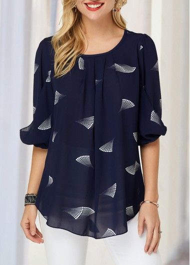 Floral Print Notch Neck Contrast Piping Blouse | modlily.com - USD $27.57 Womens Trendy Tops, Navy Blue Blouse, Blouson Sleeve, Trendy Tops For Women, Trendy Fashion Tops, Trend Fashion, Ladies Dress Design, Trendy Tops, Blouse Styles