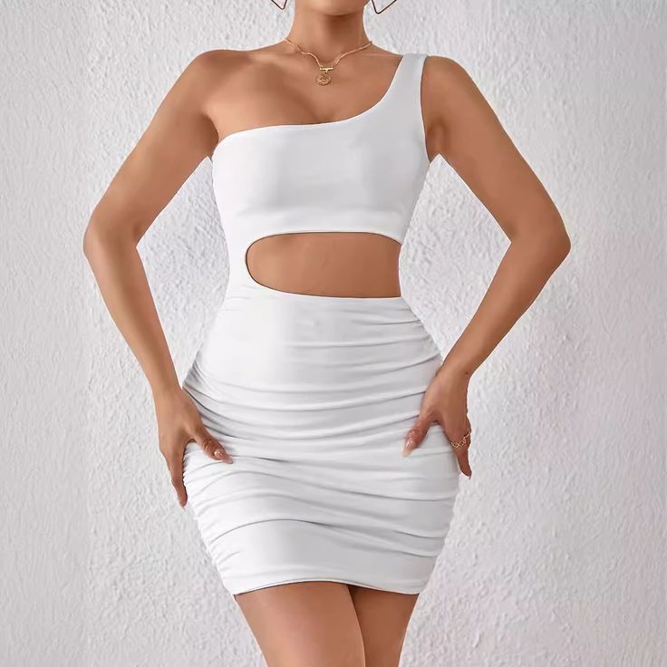 Turn heads with this sexy faux two-piece hip dress, featuring a stylish shoulder belt for added flair. The sleek design enhances your silhouette, while the faux two-piece look offers a chic and modern touch. Perfect for both casual and evening events, this dress combines elegance with a bold, fashionable edge. Ideal for women seeking a standout dress for any occasion. Chic Spring Bodycon Dress With Cut-out Waist, Chic Bodycon Dress With Cut-out Waist For Date Night, Chic One Shoulder Bodycon Dress For Club, Chic One Shoulder Bodycon Dress, Chic One-shoulder Bodycon Dress For Club, Fitted One Shoulder Summer Club Dress, Fitted One Shoulder Club Dress For Spring, Fitted One-shoulder Club Dress For Spring, Fitted One Shoulder Dress For Club In Spring