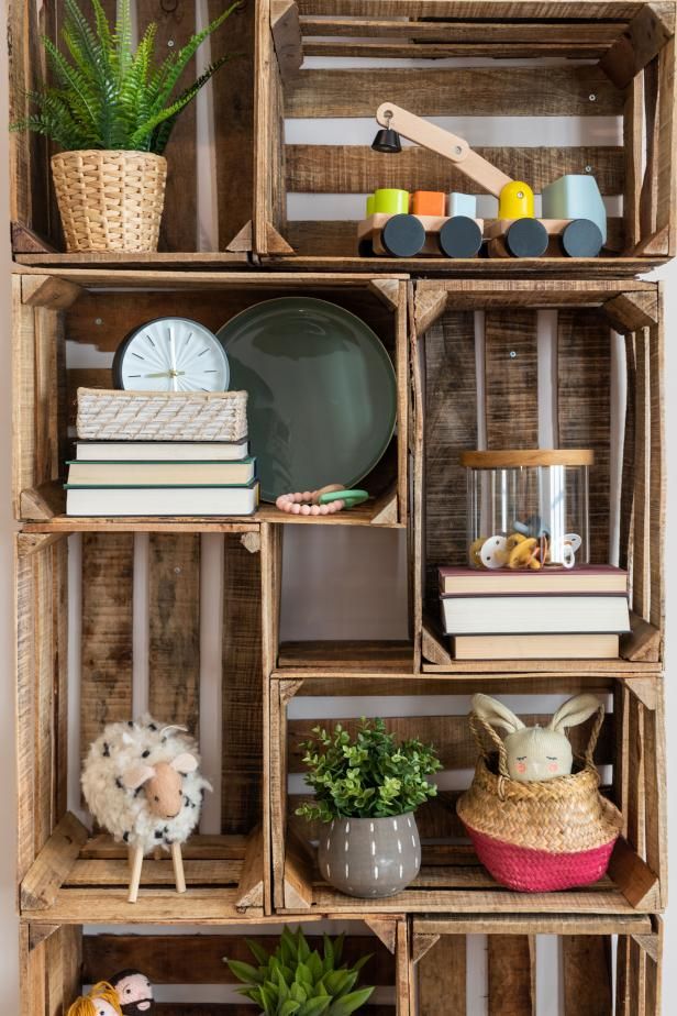 a wooden shelf filled with books and other items