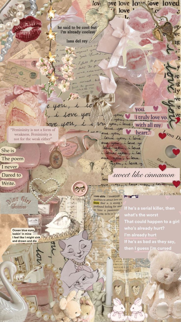 an altered collage with teddy bears, hearts and other things in pinks and browns