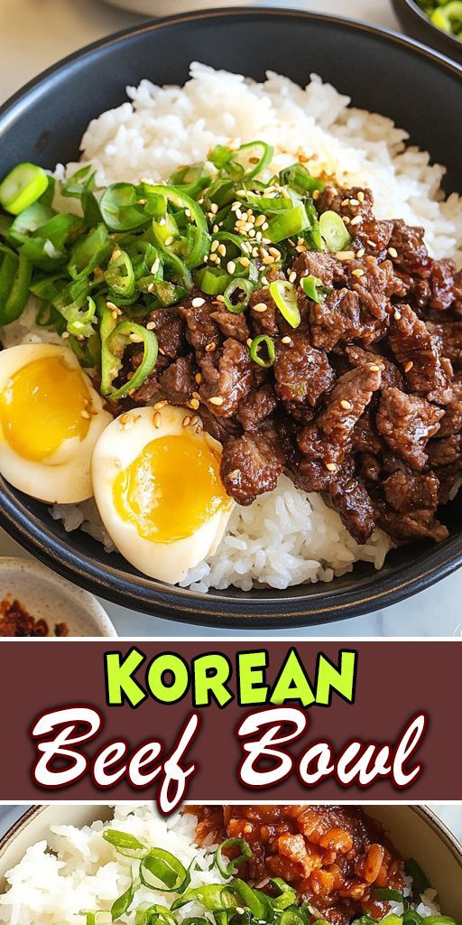 korean beef bowl with rice, green onions and soft boiled eggs in a black bowl