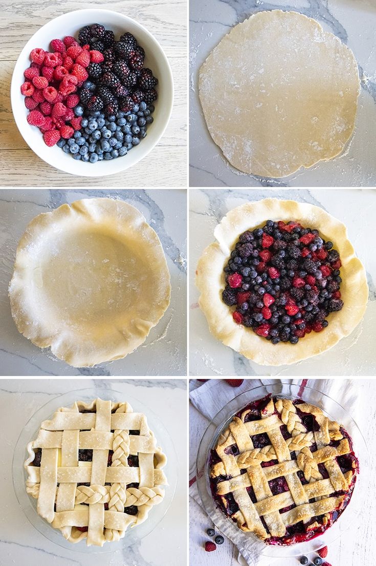 four different pictures of pies with berries and blueberries in the middle one has been made