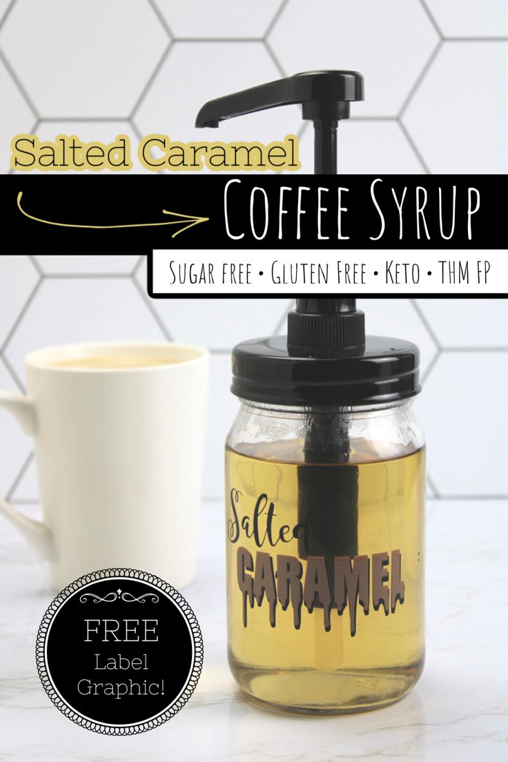 salted caramel coffee syrup in a jar next to a mug