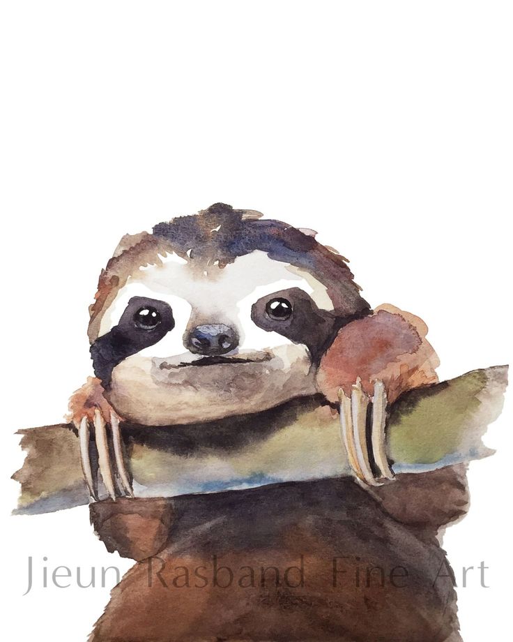 a watercolor painting of a slotty holding onto a piece of wood with his hands