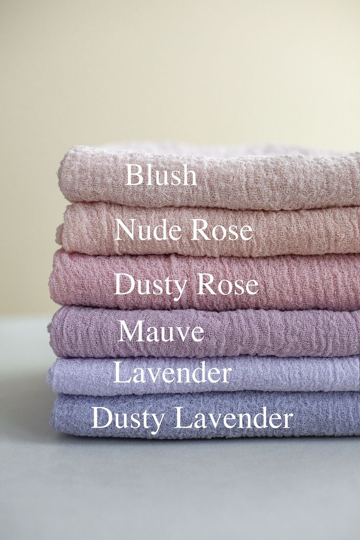 four towels stacked on top of each other in different colors and sizes, with the words blush nudie rose dusty rose mauve lavender dusty lavender