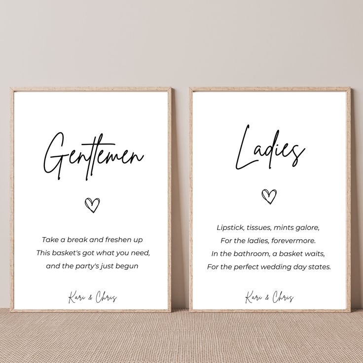 two framed wedding signs with the words gentlemen and ladies written in cursive font