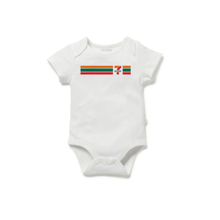 7-Eleven Logo baby onesie Cotton Basic Onesie For Playtime, White Unisex Short Sleeve Onesie, White Cotton Sporty Bodysuit, Sporty White Cotton Bodysuit, White Onesie With Graphic Print For Playtime, White Short Sleeve Bodysuit With Graphic Print, Fitted White Organic Cotton Bodysuit, White Organic Cotton Short Sleeve Bodysuit, Casual White Organic Cotton Onesie