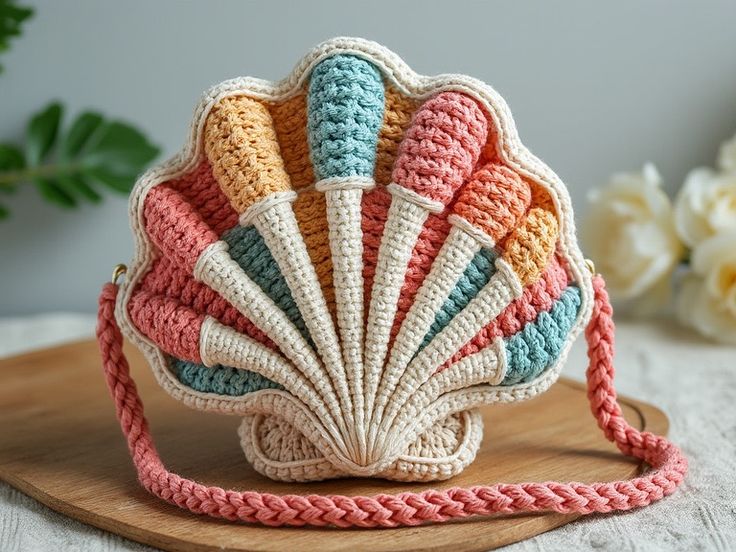 a crocheted shell purse sitting on top of a wooden board