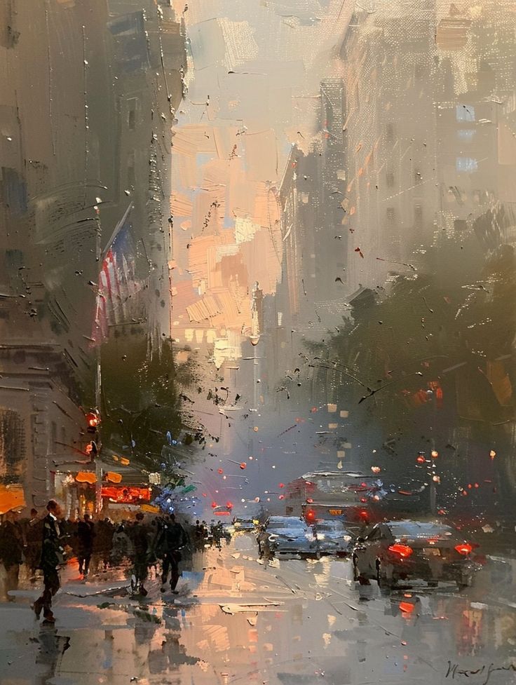 an oil painting of people walking in the rain on a city street with buildings and cars