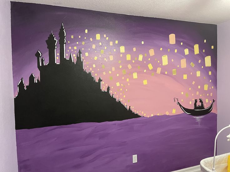 a painting on the wall of a room with people in a boat and lanterns flying over it