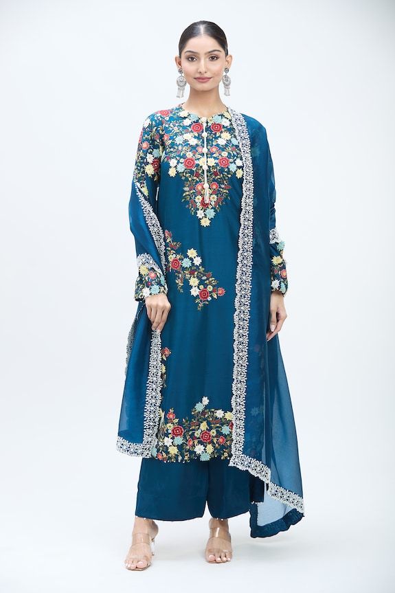 Peacock blue long straight dupion kurta with 3D flowers placement embroidery. Comes with moti scalloped border embroidered organza dupatta and solid palazzo pant. - Aza Fashions Blue Embroidered Long Sleeve Palazzo Set, Blue Semi-stitched Lawn Suit With Floral Embroidery, Blue Silk Kurta With Floral Embroidery, Traditional Blue Georgette Lawn Suit, Fitted Blue Lawn Suit With Dabka Work, Festive Blue Lawn Suit With Floral Embroidery, Silk Blue Kurta With Intricate Embroidery, Blue Sharara With Long Sleeves And Intricate Embroidery, Blue Georgette Lawn Suit With Zari Work