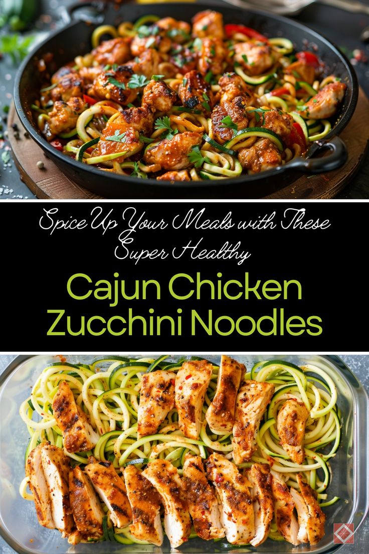 chicken and zucchini noodle dish in a skillet with text overlay