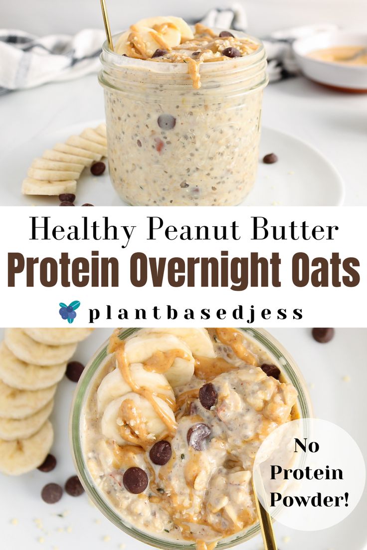 healthy peanut butter protein overnight oats in a jar with chocolate chips on the side