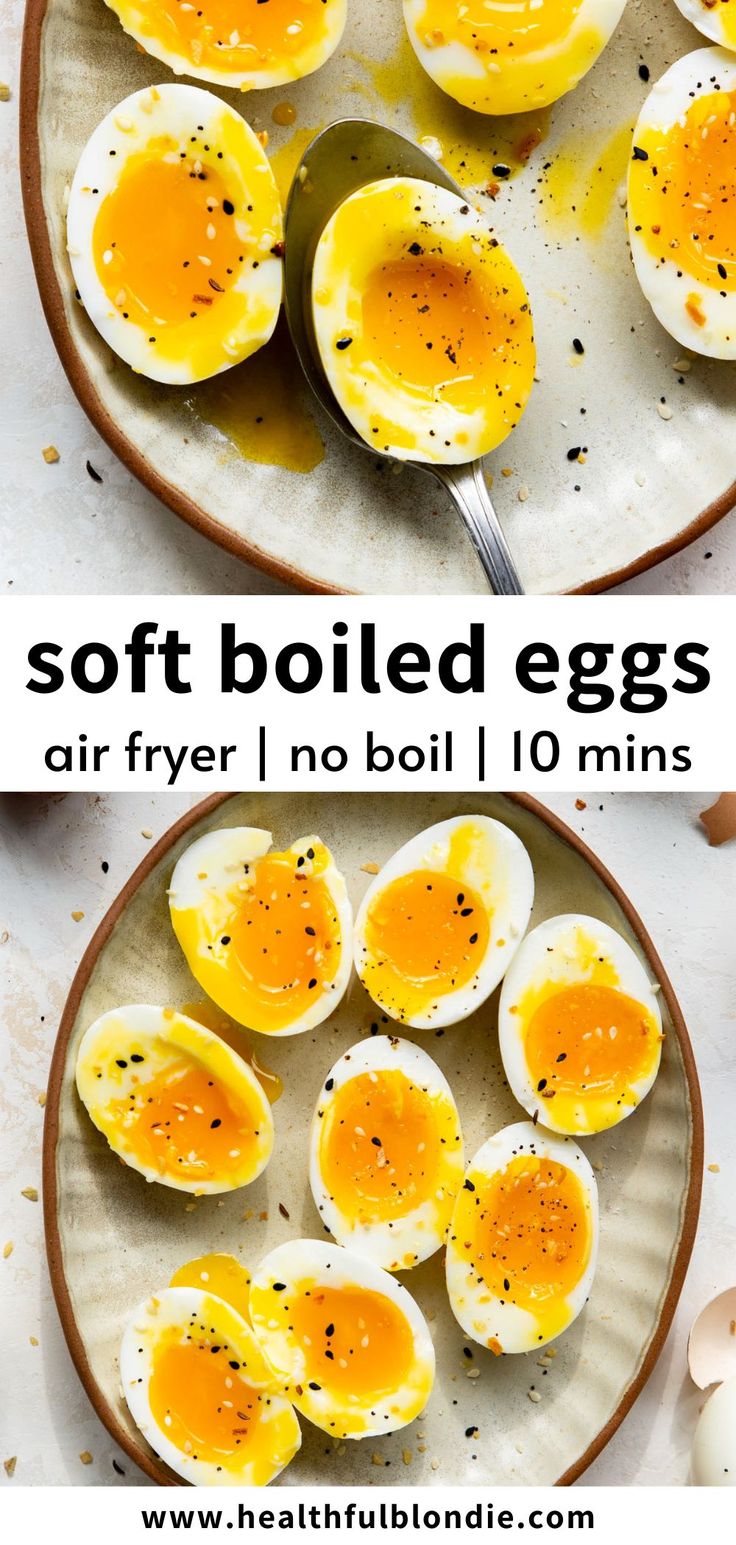 soft boiled eggs on a plate with text overlay