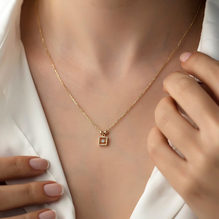 Mini Square Solitaire Necklace, 14k Gold Necklace, Gold Necklaces, Gift Necklace, Necklace for Women Gift, Necklace for Mom ITEM DETAILS ❆ All our jewelleries are handmade with Love and Care 💓 ❆ Material: 14K Gold. ❆ Gram: 1,96 gr ❆ Each item is made to order. Since all of our products are handmade, there may be -) 10% deviation in the specified weight. ❆ DO YOU LIKE THIS RING? You can get more information about it below but if you have any questions, just send a message. PACKAGING ❆ They are s Fine Jewelry Solitaire Necklace With Square Pendant As Gift, Gift Diamond Necklace With Square Pendant, 14k Gold Square Pendant Necklace With Birthstone, 14k Gold Square Pendant Necklace For Gift, Gold Solitaire Necklace With Gemstone For Gift, Gold Solitaire Necklace As Gift, 14k Gold Square Pendant Charm Necklace For Gift, Fine Jewelry Diamond Cut Charm Necklace Gift, Gold Solitaire Necklace Gift