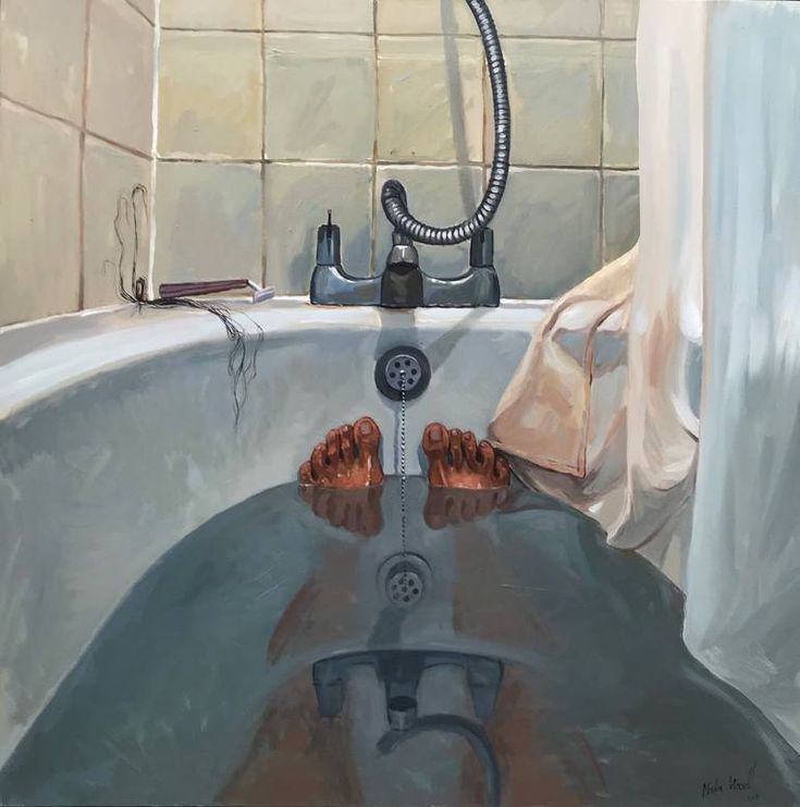 a painting of someone's feet in the bathtub