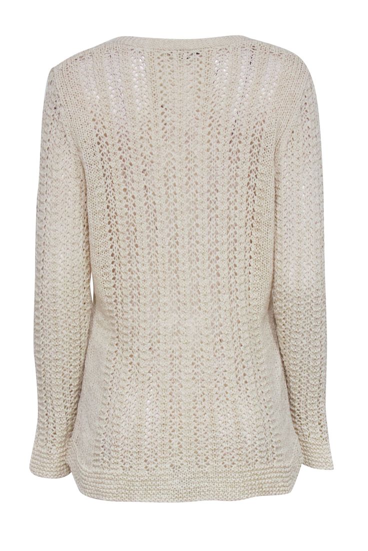 Welcome those breezy summer nights in style with a cozy-chic cardigan from Lafayette 148. This charming crochet number features a flattering v-neck and versatile cream hue, perfect for adding a lovely layer to any look. Throw it on over a bikini and you're ready for an evening stroll on the beach! 66% Cotton, 34% Polyamide Front button V-neck Bust 38" Waist 33" Shoulder to hem 29" Sleeve length 28.5" Fall V-neck Crochet Top, Elegant Beige V-neck Crochet Top, Chic V-neck Crochet Top For Fall, Fall Crochet V-neck Top, Chic Cream V-neck Crochet Top, Beige Knit V-neck Cardigan, Winter V-neck Crochet Top, Cream V-neck Cardigan, Chic V-neck Textured Knit Cardigan