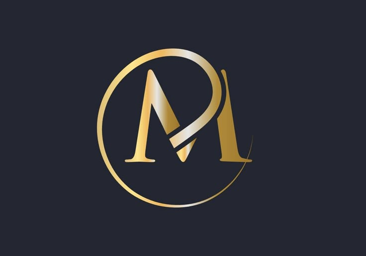 the letter m is inscribed in gold and silver on a black background with an elegant design