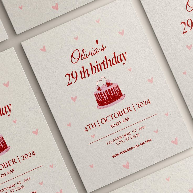 four birthday cards with hearts and a cake on them, all printed in different colors