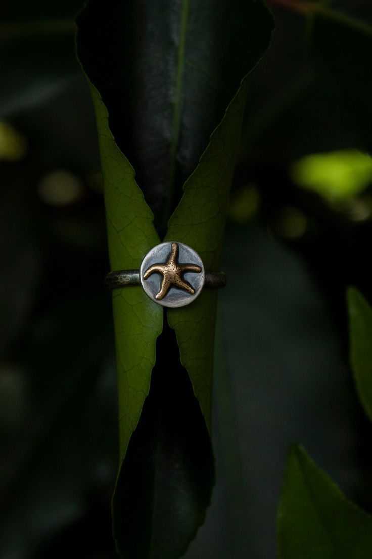 I've loved starfish ever since I was a little girl. To spot one is always such a treasure, so I had to make some starfish jewelry. And what could be cuter than little golden starfish ring? A sweet raw brass (not plated) starfish set on a solid sterling silver back plate and ring band. Perfect for starfish, beach, and ocean lovers. I hand hammered the band for texture and a patina has been added for a more rustic, realistic look. Patinas change over time by the wearer so your ring will eventually Ocean-inspired Round Jewelry With Starfish Charm, Nickel Free Starfish Jewelry In Ocean-inspired Style, Nickel-free Starfish Jewelry With Ocean-inspired Style, Ocean-inspired Starfish Nickel-free Jewelry, Nickel-free Starfish Shaped Ocean-inspired Jewelry, Nickel-free Star-shaped Ocean-inspired Jewelry, Adjustable Starfish Charm Jewelry, Handmade Starfish Jewelry In Beachy Style, Handmade Starfish Beachy Jewelry